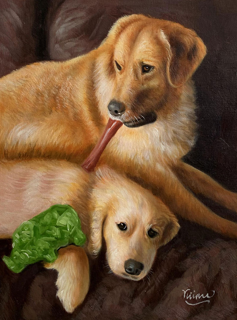 Beautiful oil painting of two dogs