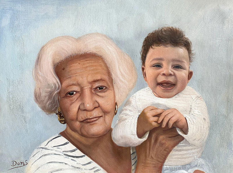 Beautiful oil painting of a grandmother and a gradson