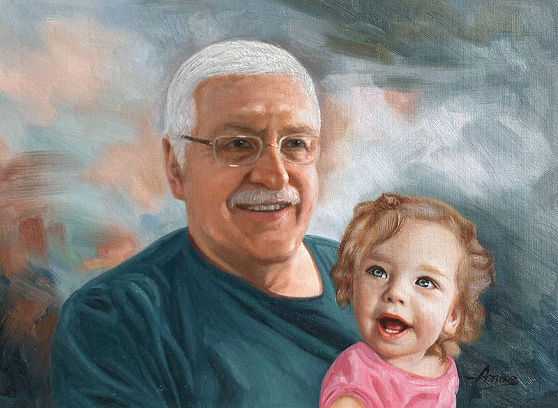 Gorgeous oil painting of a grandparent and a grandchild