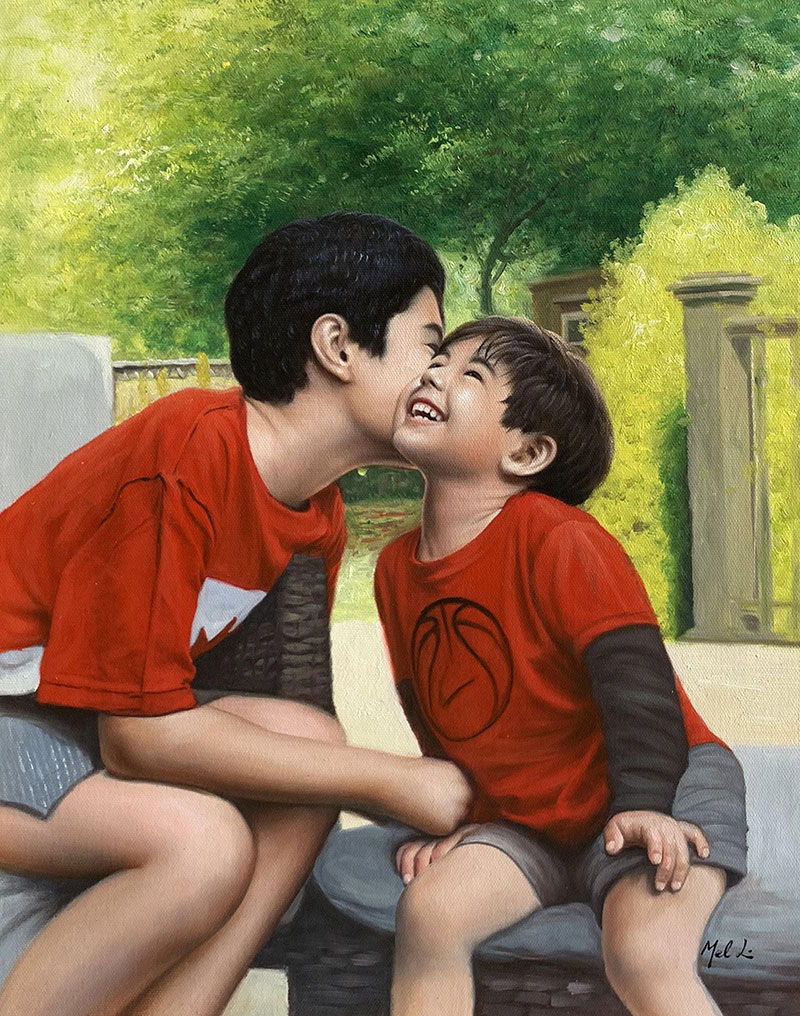 Beautiful handmade oil painting of siblings having fun