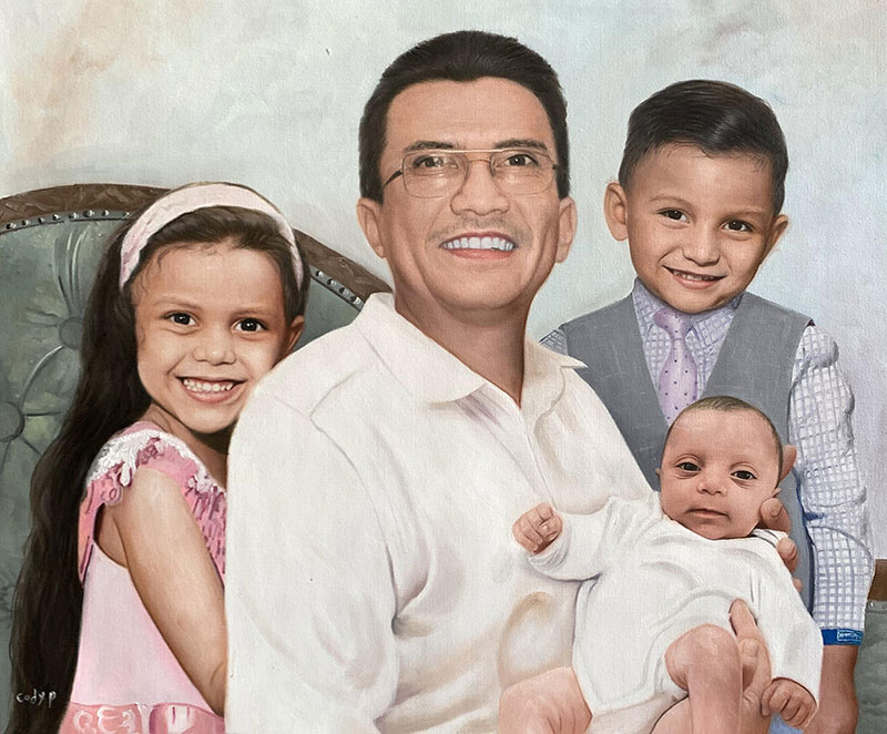 Gorgeous oil painting of a father with three children