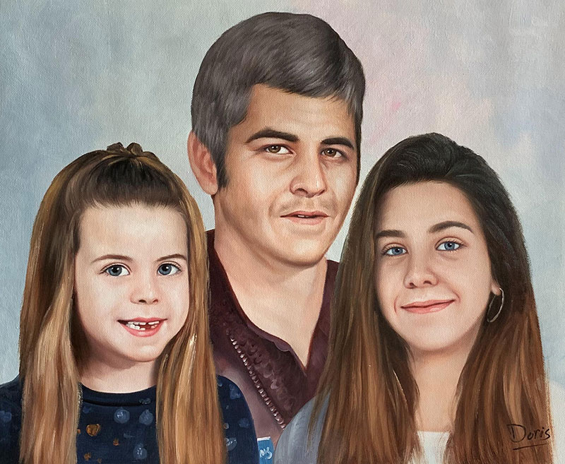 Beautiful oil artwork of a father with two daughters