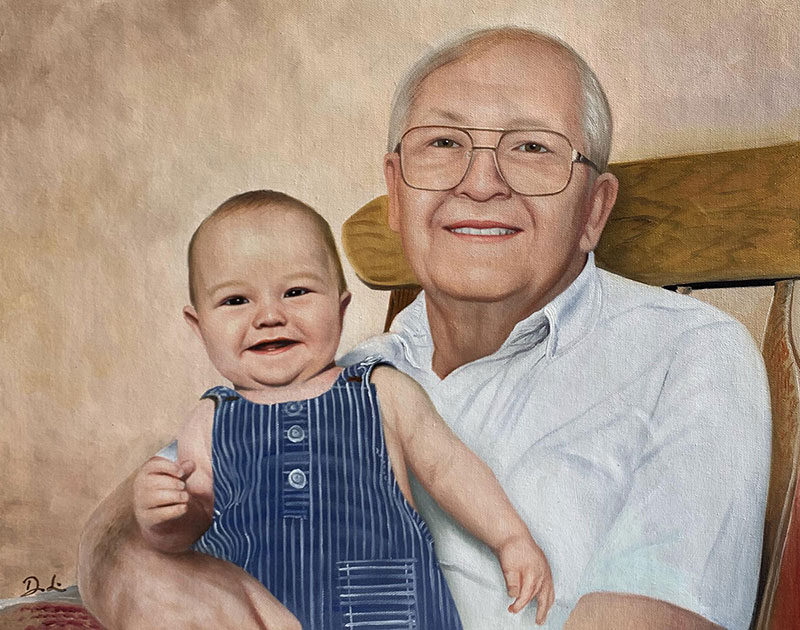 Custom oil artwork of a grandfather and a grandchild