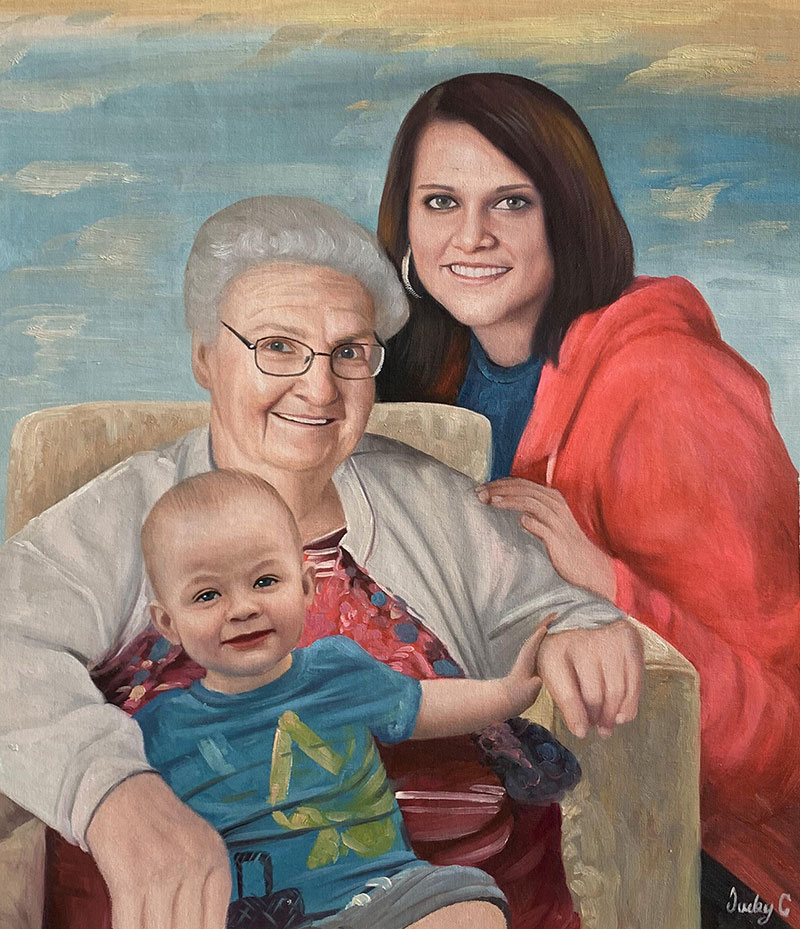 Gorgeous oil painting of a grandmother with grandchildren