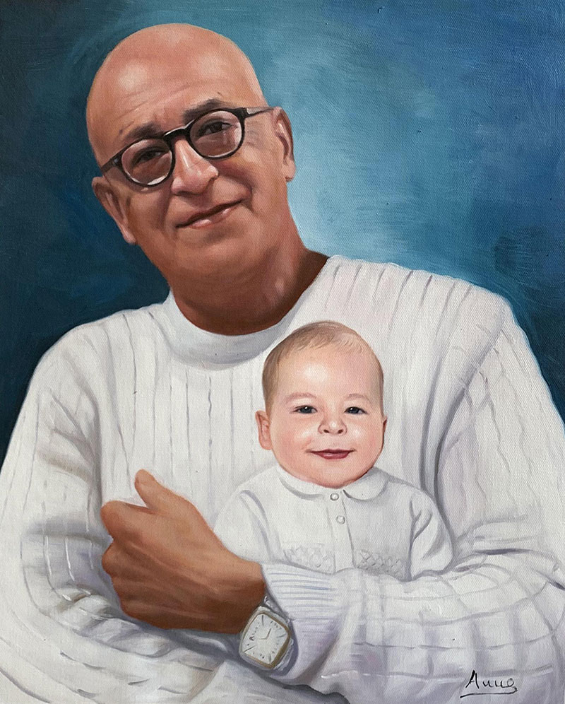 Oil painting portrait of a bald man in glasses holding a baby.