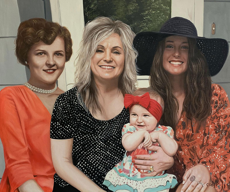 Painted portrait of four generations of women: an elderly woman, a middle-aged woman, a young woman in a sun hat, and a baby.