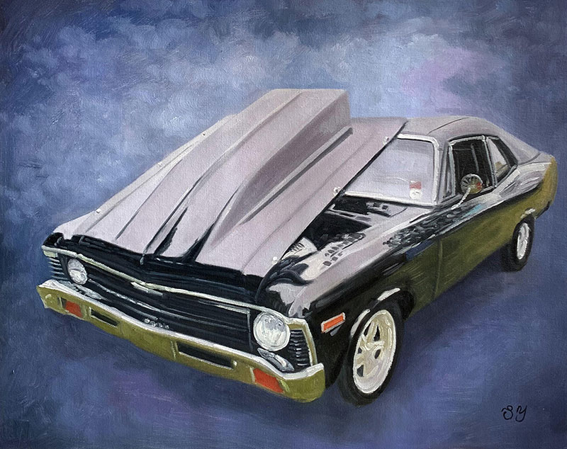 Custom handmade oil painting of a car