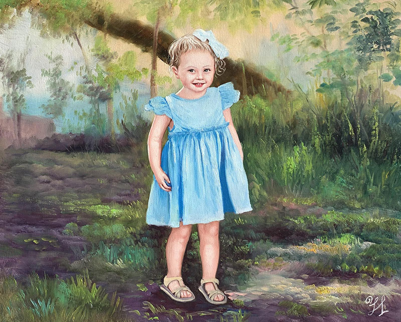 Beautiful oil artwork of a girl in a blue dress