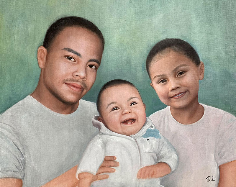Beautiful acrylic painting of a father with two sons