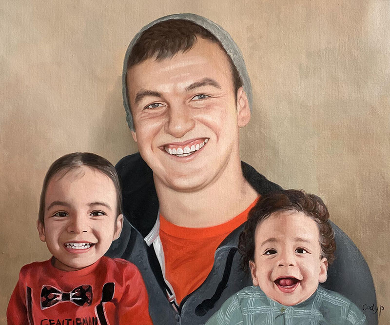 Beautiful handmade oil painting of a father with two kids