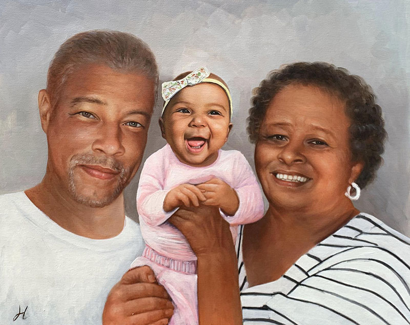 Gorgeous oil painting of grandparents with a grandchild