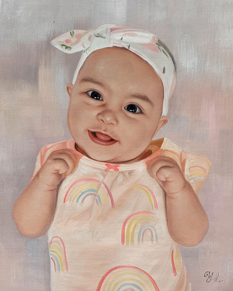Gorgeous oil portrait of a baby girl with a headband