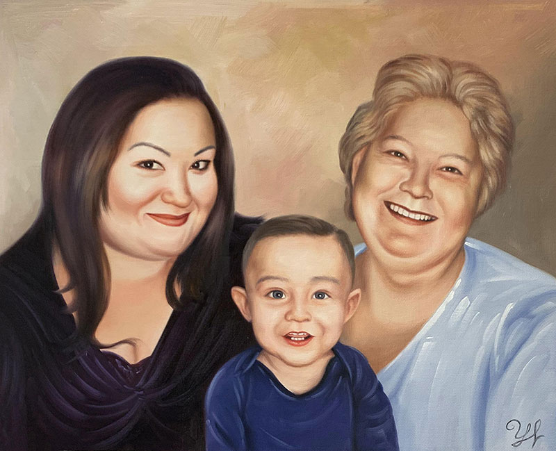 Oil painting portrait of a woman, a toddler, and an older woman.