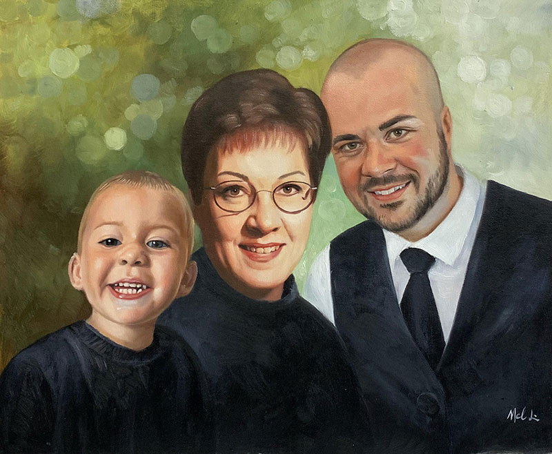 Oil painting of a family portrait: a young boy, a woman, and a man.