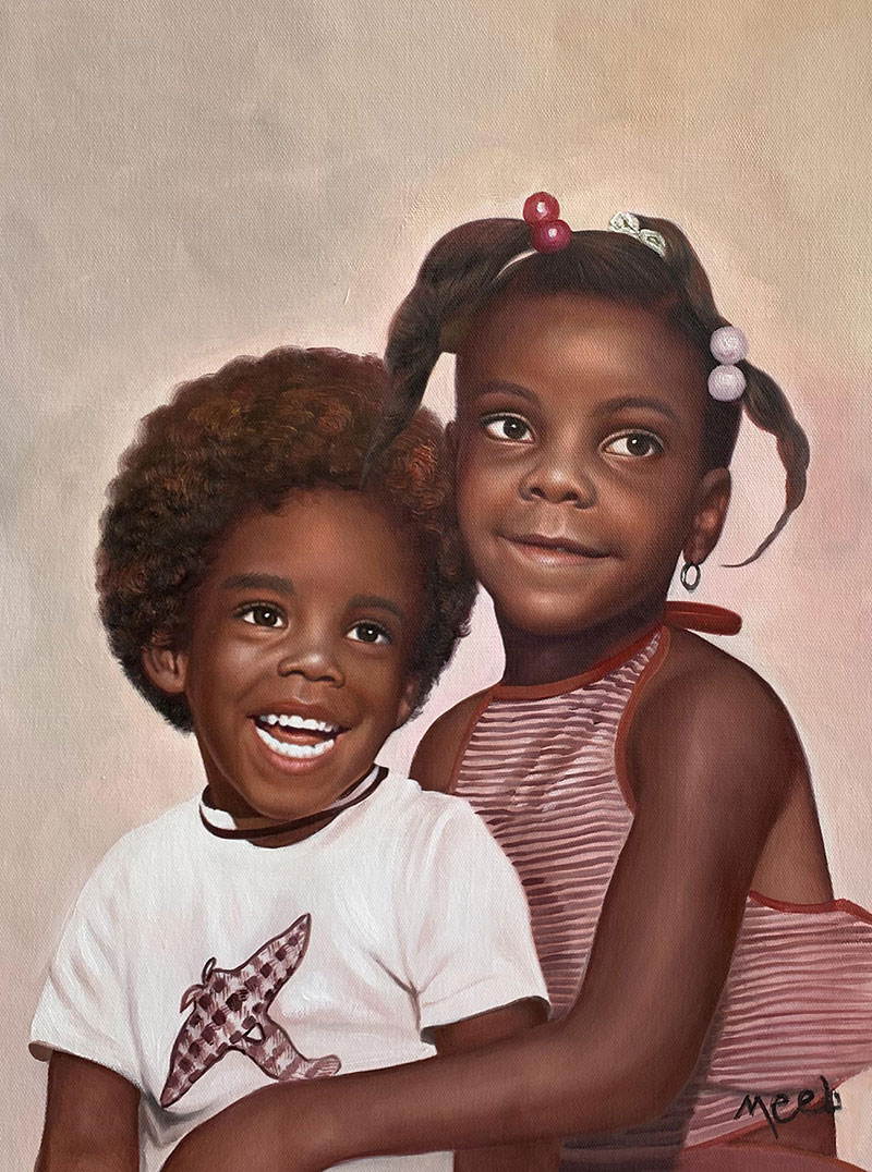 Gorgeous handmade portrait of two siblings in oil