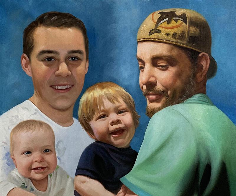Beautiful handmade painting of two adults with kids in oil