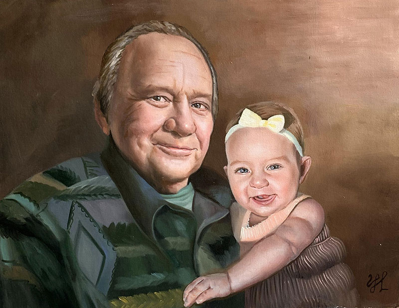Realistic oil portrait of a grandparent with a grandchild