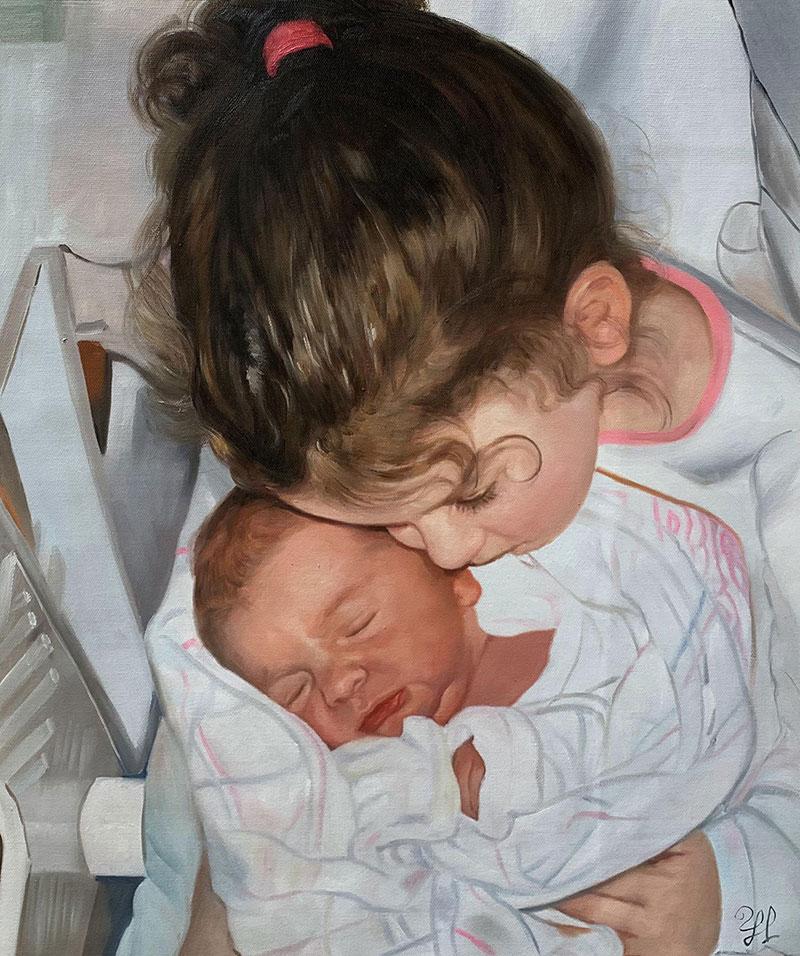 Gorgeous oil painting of a girl holding a newborn brother