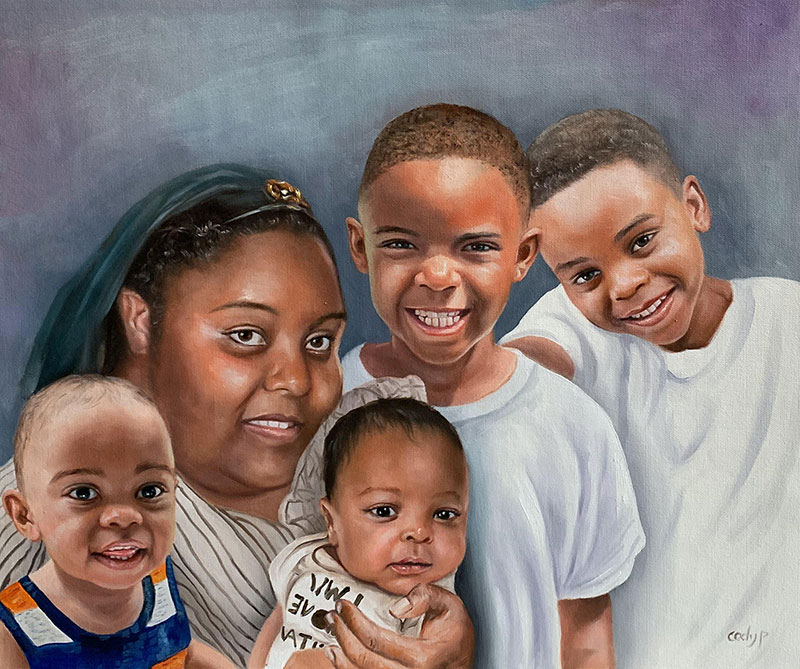 Custom oil painting of a mother and children