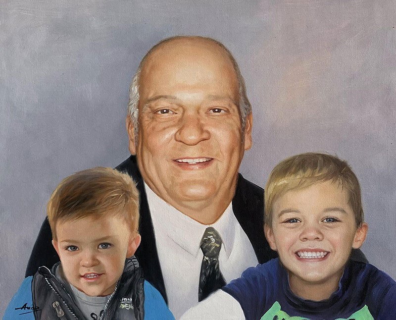 Custom oil painting of a grandfather with two grandchildren