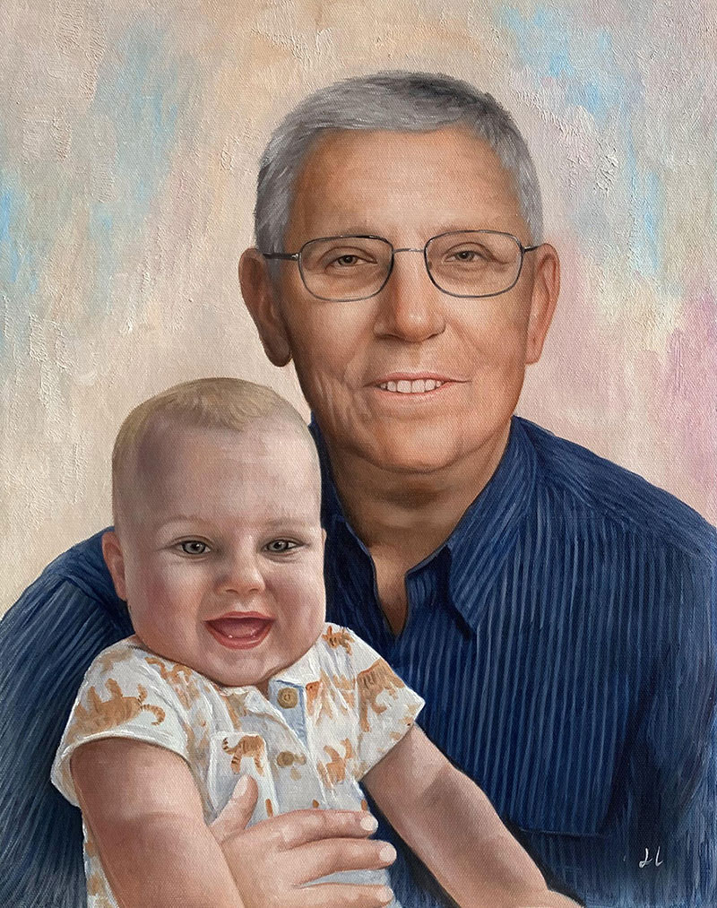 Beautiful oil painting of a grandfather with a granddaughter