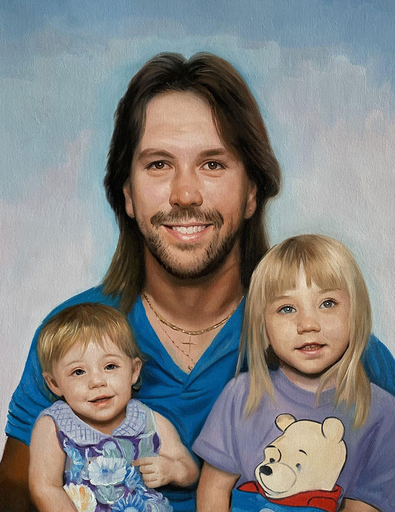 Custom oil artwork of a father with two children