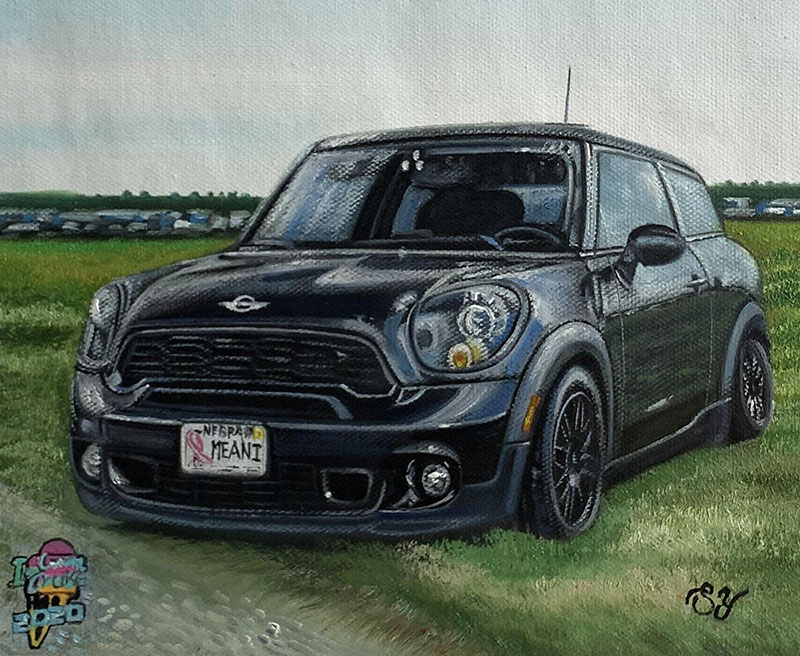 Custom handmade oil painting of a black car