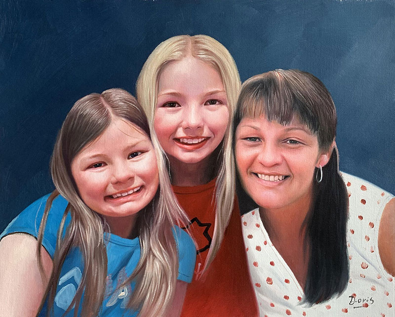 Custom oil painting of a mother and two daughters