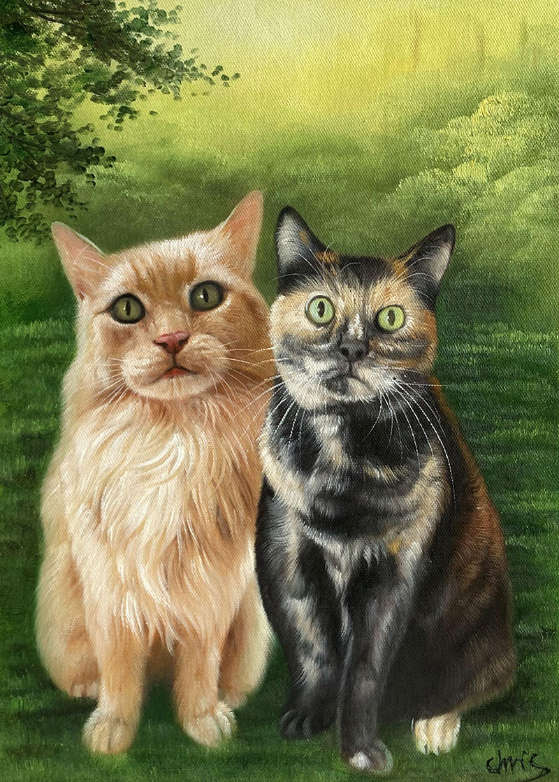 Painting of two cats sitting side-by-side outdoors.