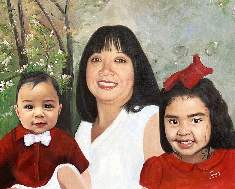 Beautiful handmade oil painting of a mother and children