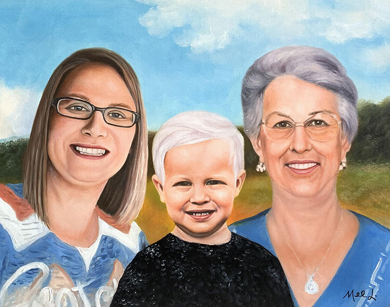 Painted portrait of a woman, young child, and older woman.