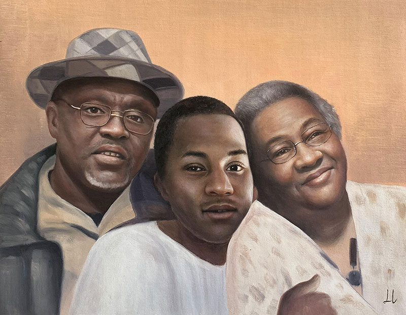 Painted portrait of a family: a man in a hat, a young man, and an older woman.