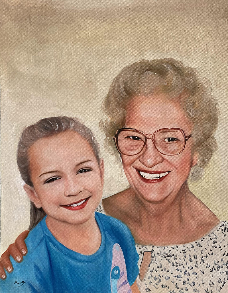 Painting of a young girl and an older woman smiling together.