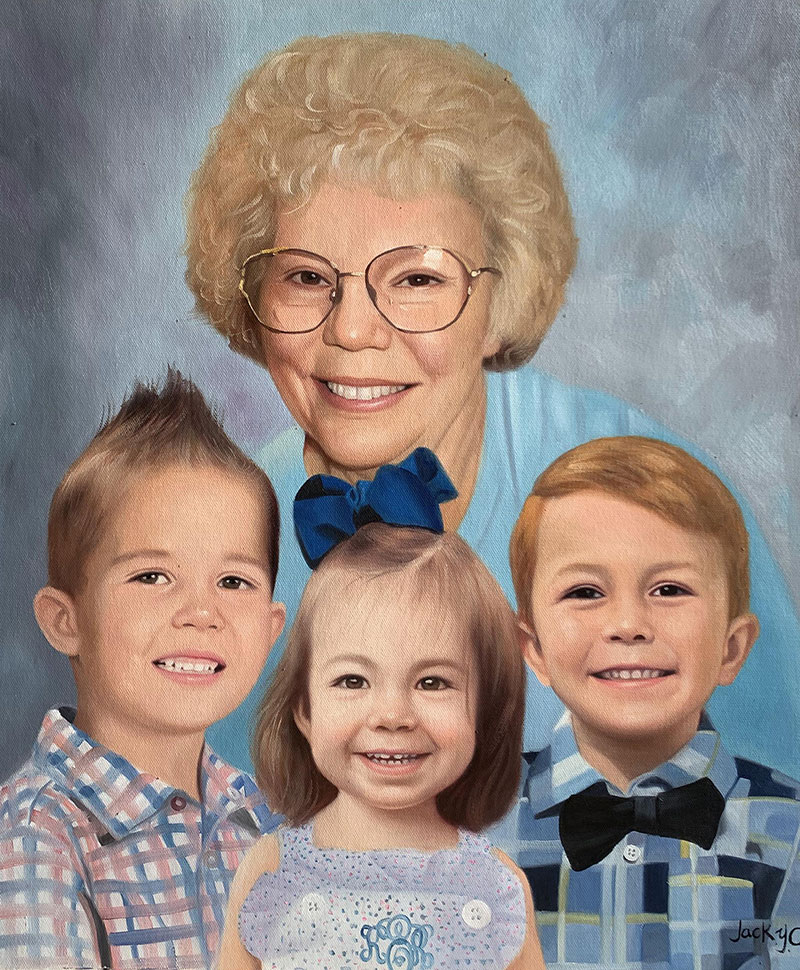 Custom oil artwork of a grandmother with three grandchildren