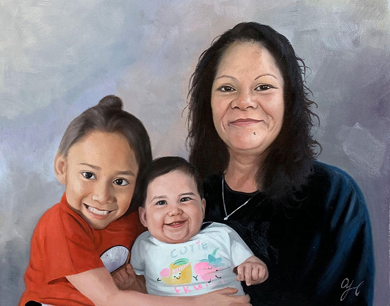 Oil painting of a woman holding a baby and a young girl.