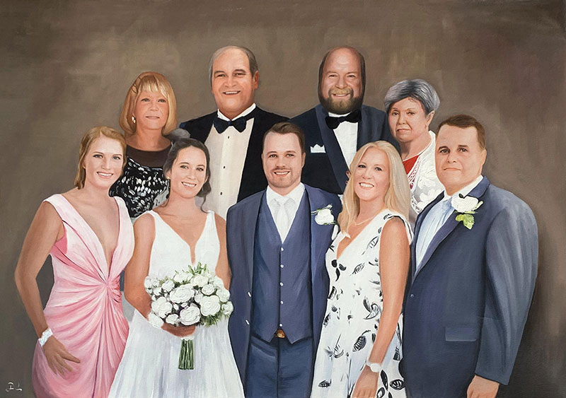 Beautiful oil painting of a just married couple with family