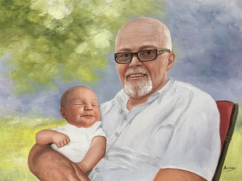 Painting of a grandfather holding a baby in his lap outdoors.