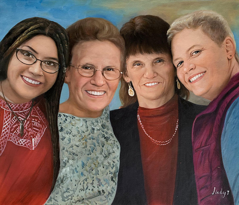 Beautiful handmade oil portrait of four ladies