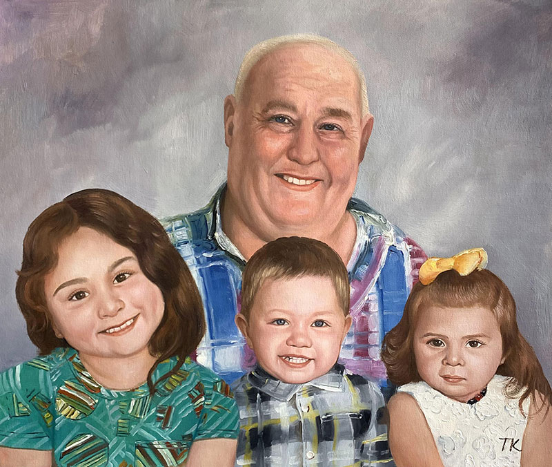 Beautiful oil painting of a grandfather with three children