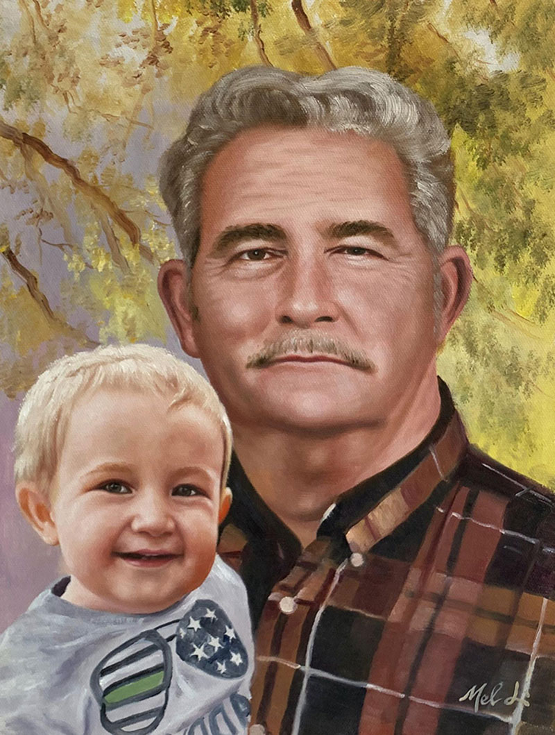 Oil painting portrait of a grandfather holding a toddler.