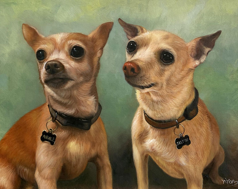 Painting of two fawn chihuahuas wearing collars with name tags.