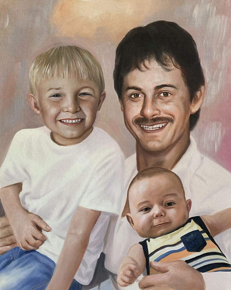 Beautiful handmade oil artwork of a father with children
