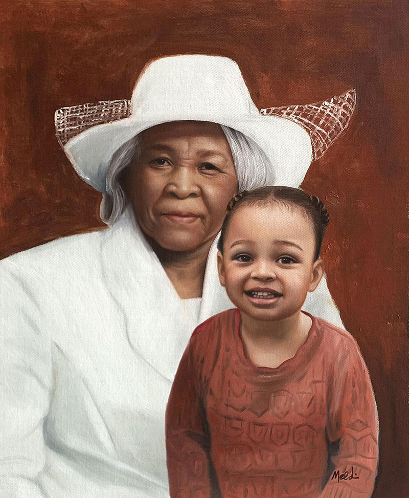 Beautiful oil portrait of an elder woman with a little girl