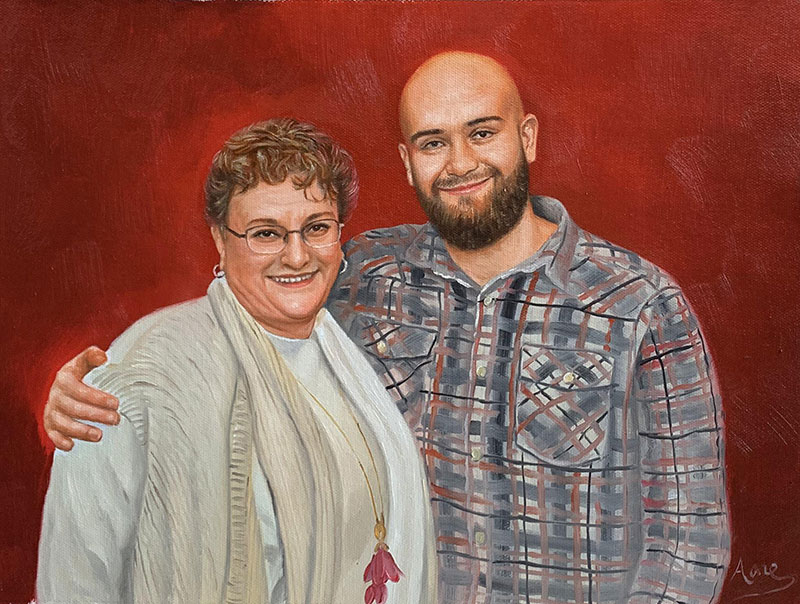 Oil painting portrait of a woman and a man, with the man`s arm around the woman`s shoulders.
