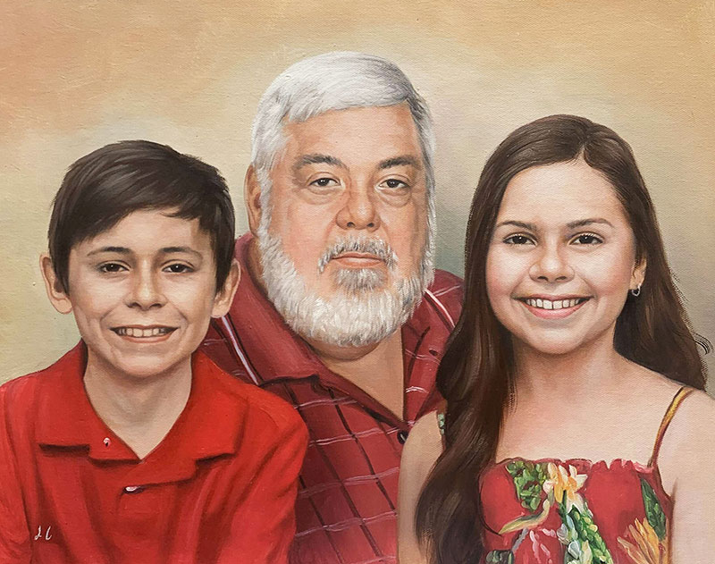 Painted portrait of a grandfather with his granddaughter and grandson.