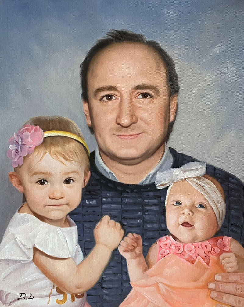 Custom oil painting of a father with two daughters