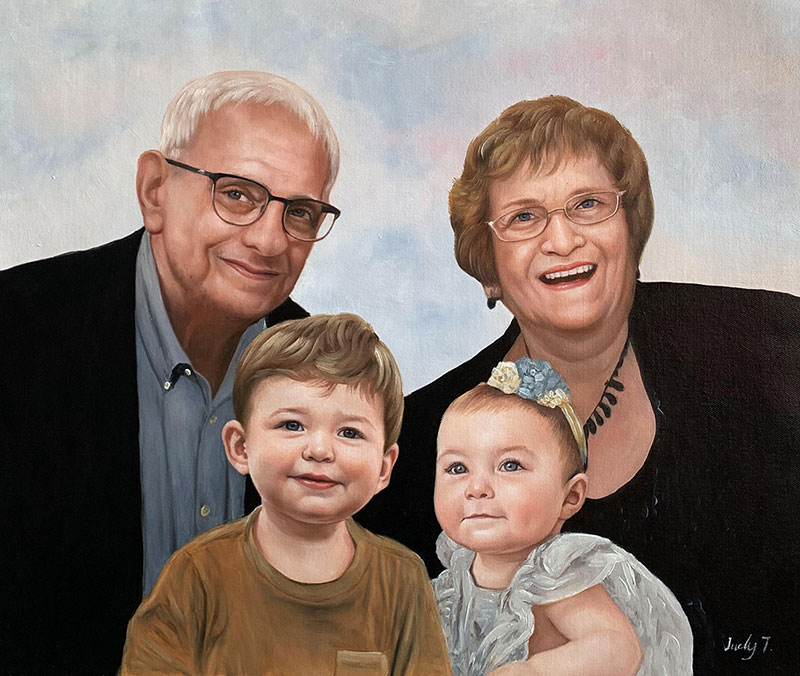 Custom oil painting of grandparents with grandchildren