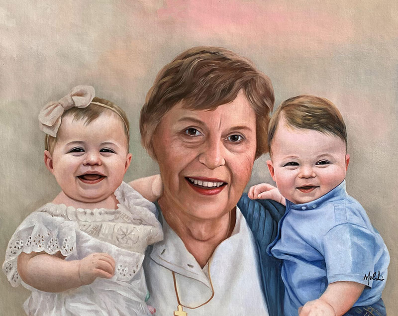 Beautiful oil painting of grandmother with two grand kids