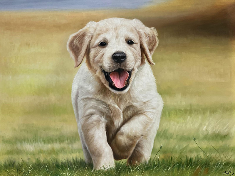 Custom handmade oil painting of a cute puppy