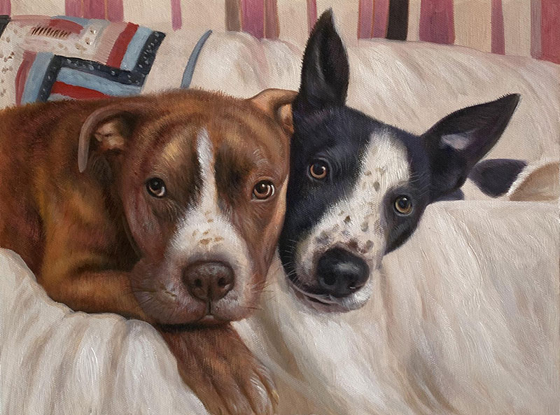Painting of two dogs cuddling on a couch.